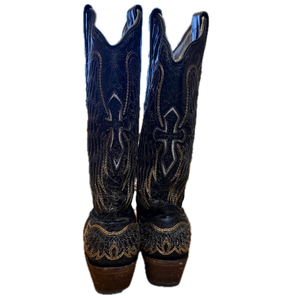 CORRAL Vintage Wing & Cross Western Boots Women 8.5 Black Distressed Inlay - Picture 7 of 11